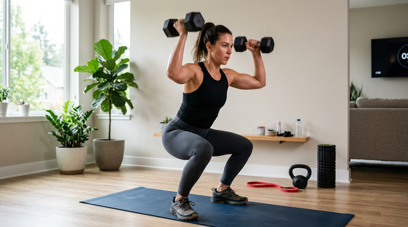 : Woman doing a home HIIT circuit with dumbbells and bodyweight exercises