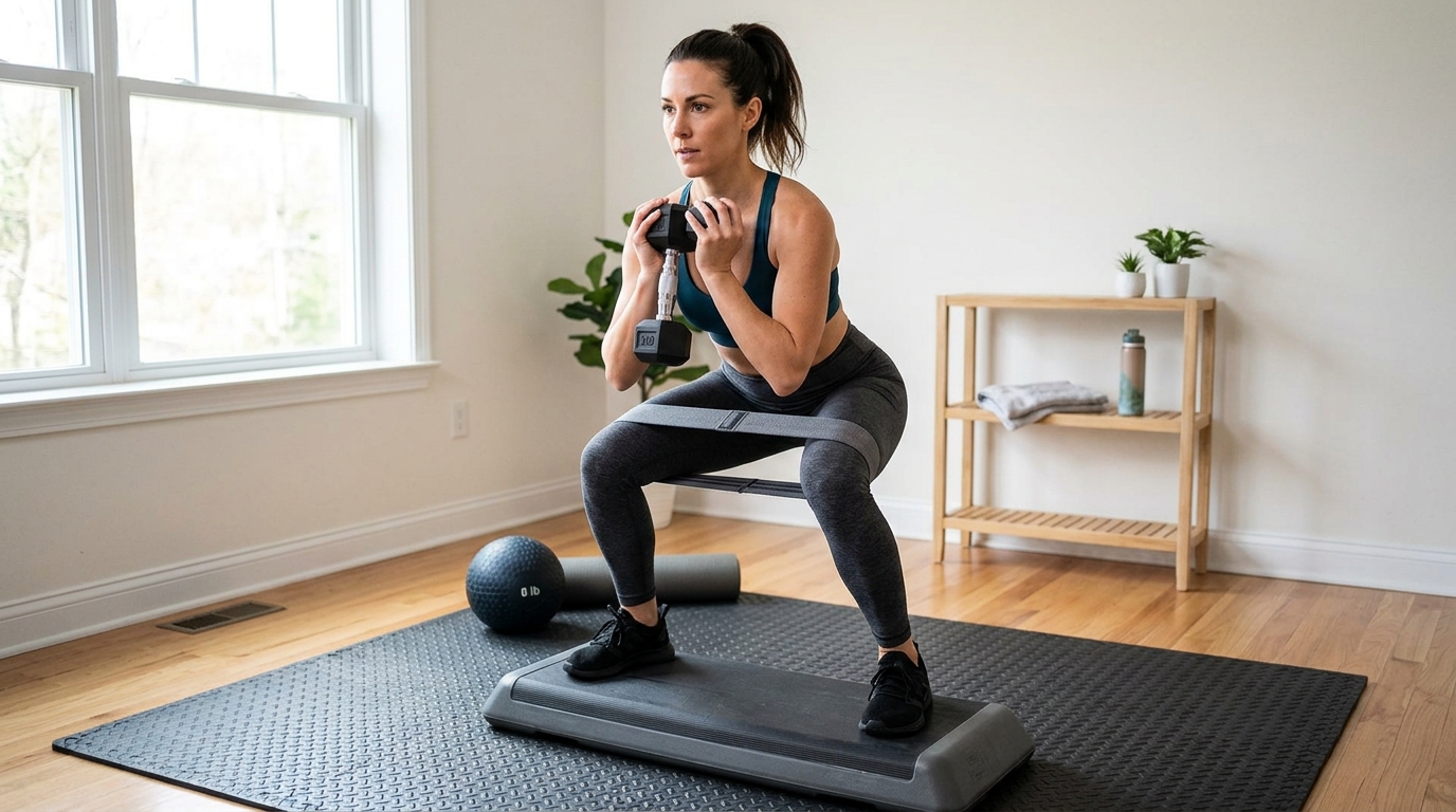 Woman performing a plyo and resistance band inner thigh exercise at home with dumbbells and a medicine ball