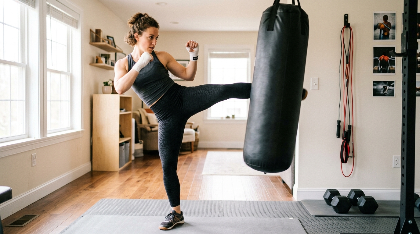  Woman performing a home kickboxing routine with a punching bag, jump rope, and fitness gear nearby