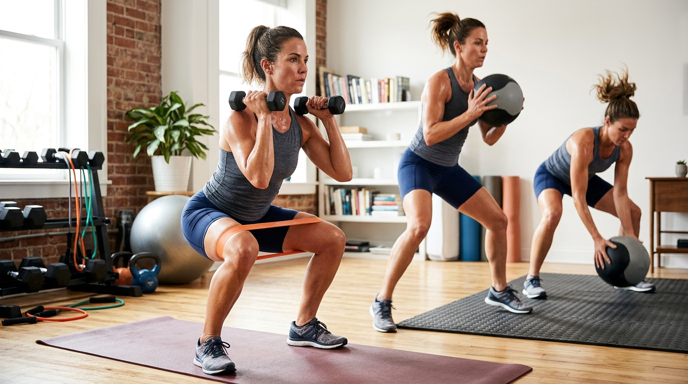 Woman demonstrating banded squats, medicine ball squats, and ball slams for a home leg workout