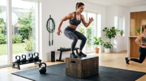 : Woman performing explosive leg exercises at home including plyo jumps, lunges, kettlebell swings, and jump rope