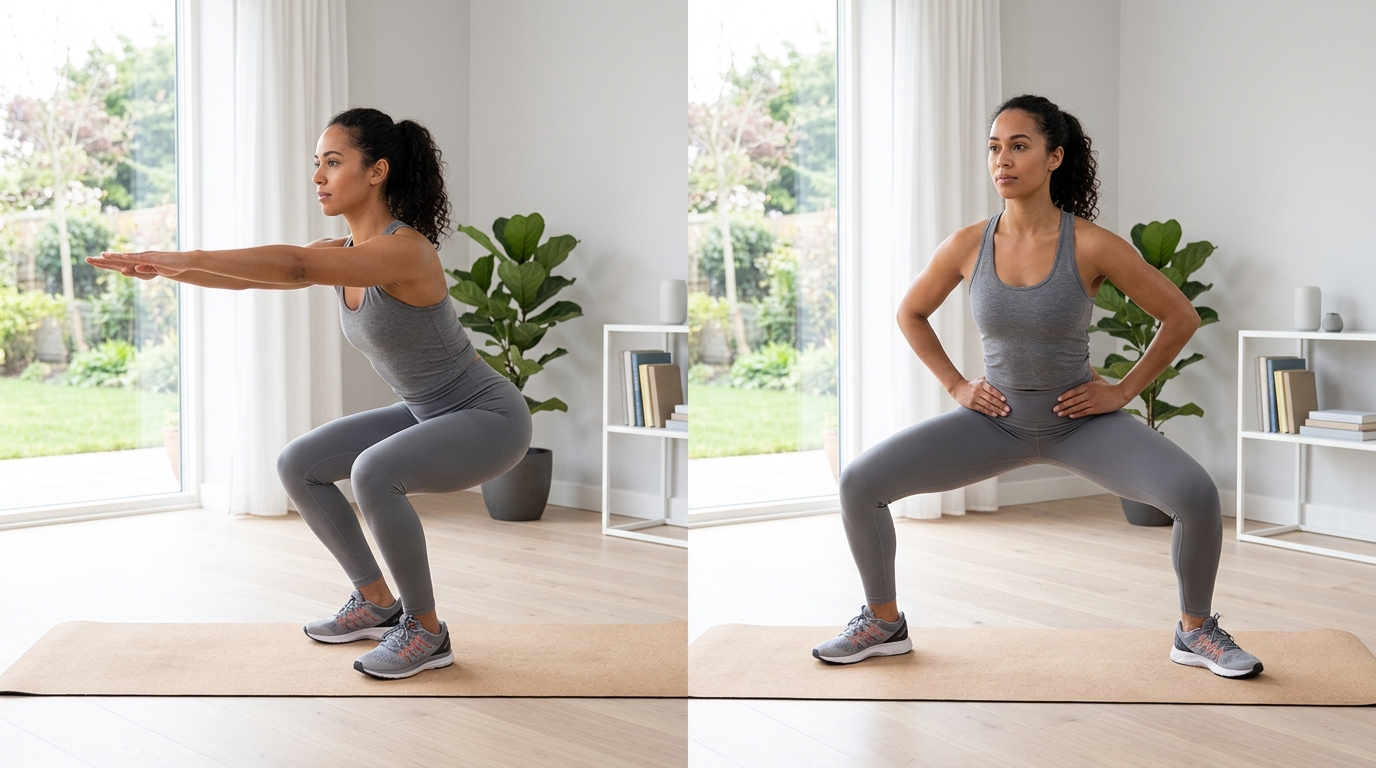 Woman demonstrating air squats and plie squat pulses during a bodyweight leg workout at home.