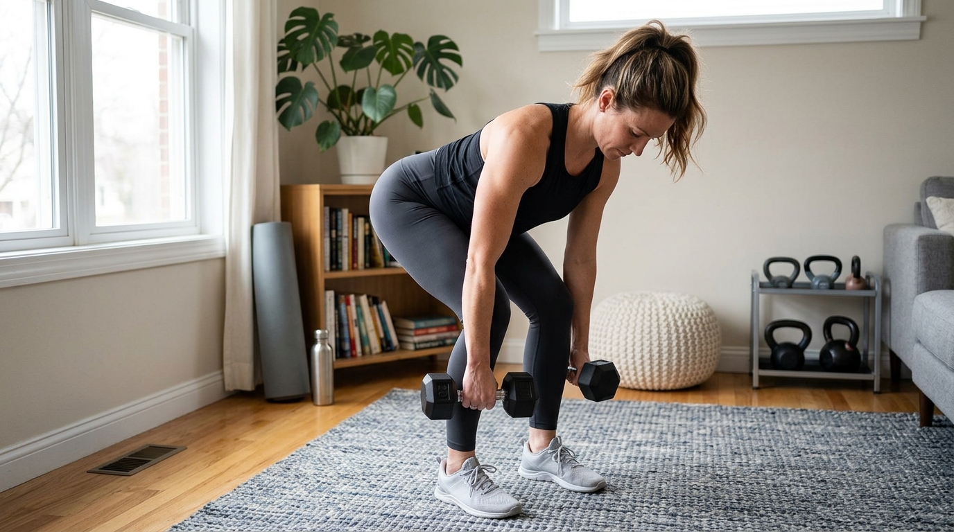 Woman performing a leg toning exercise at home using dumbbells or a fitness ball.