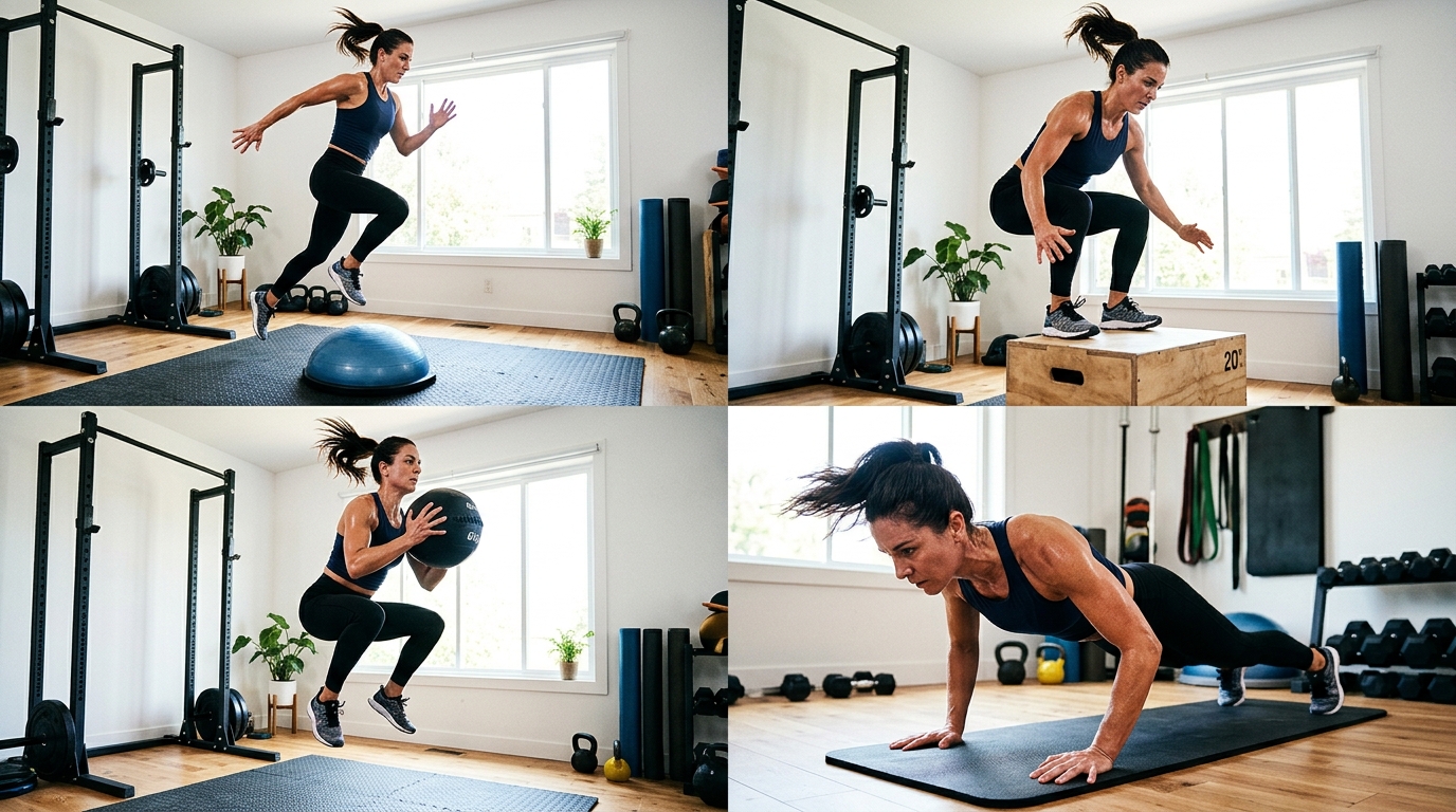 : Woman doing an intense home leg workout circuit with jumps, squats, and push-ups.