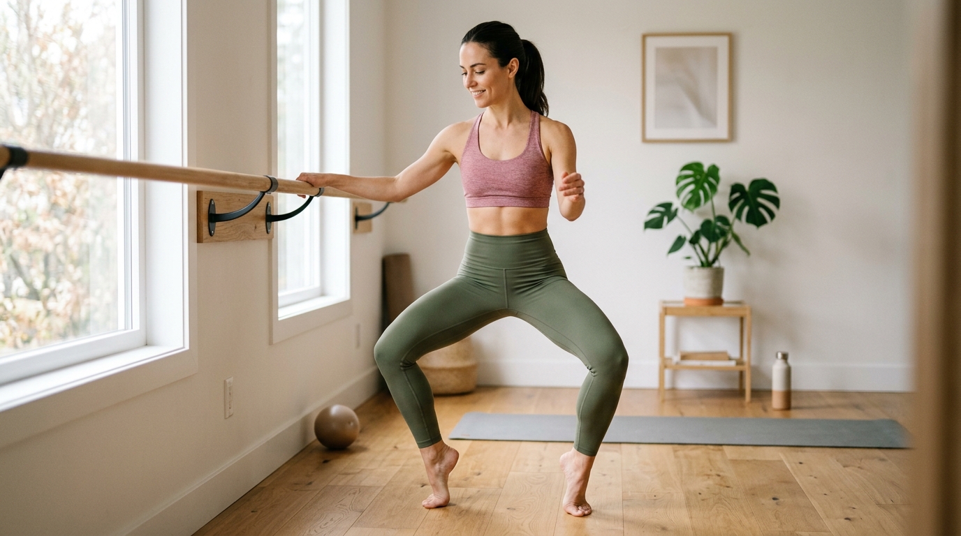 Woman doing bodyweight leg exercises at home for lean and toned legs.