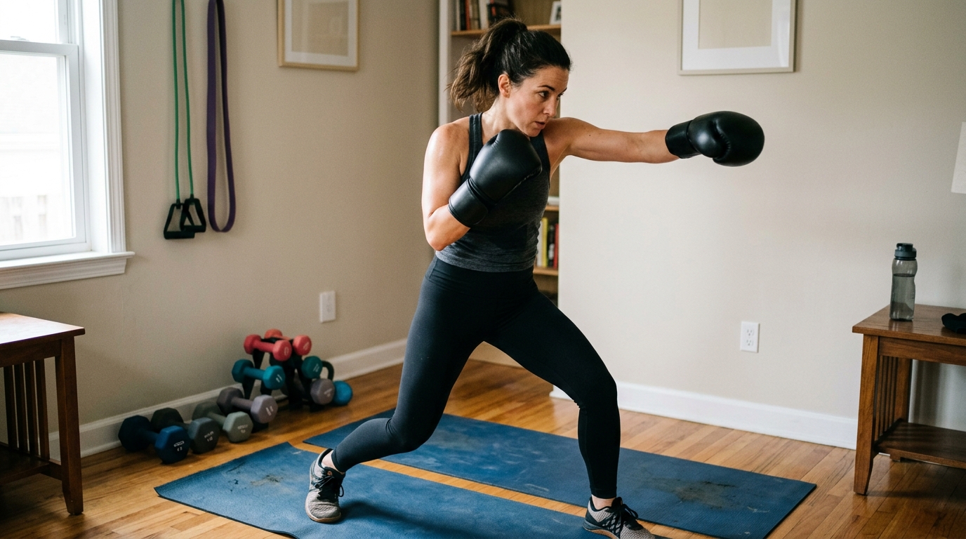 : Woman doing shadow boxing and conditioning drills at home during a boxing workout.