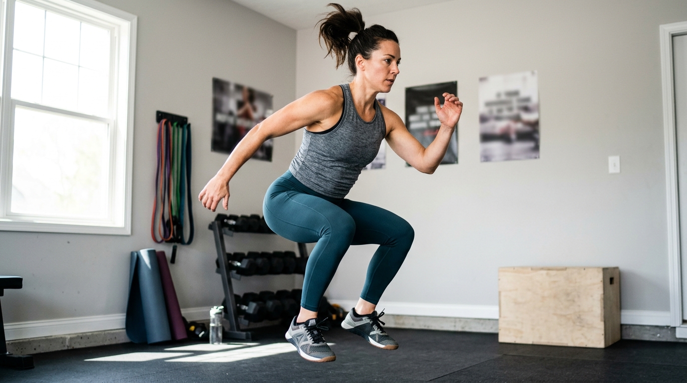 Woman doing stand-ups and jumping squats during a home leg workout circuit.