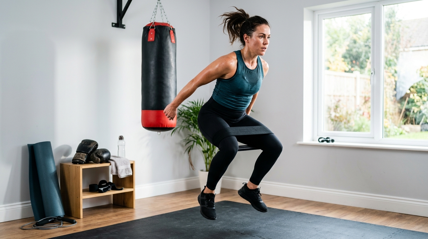 Woman doing a lower body finisher with a resistance band after a home kickboxing workout.