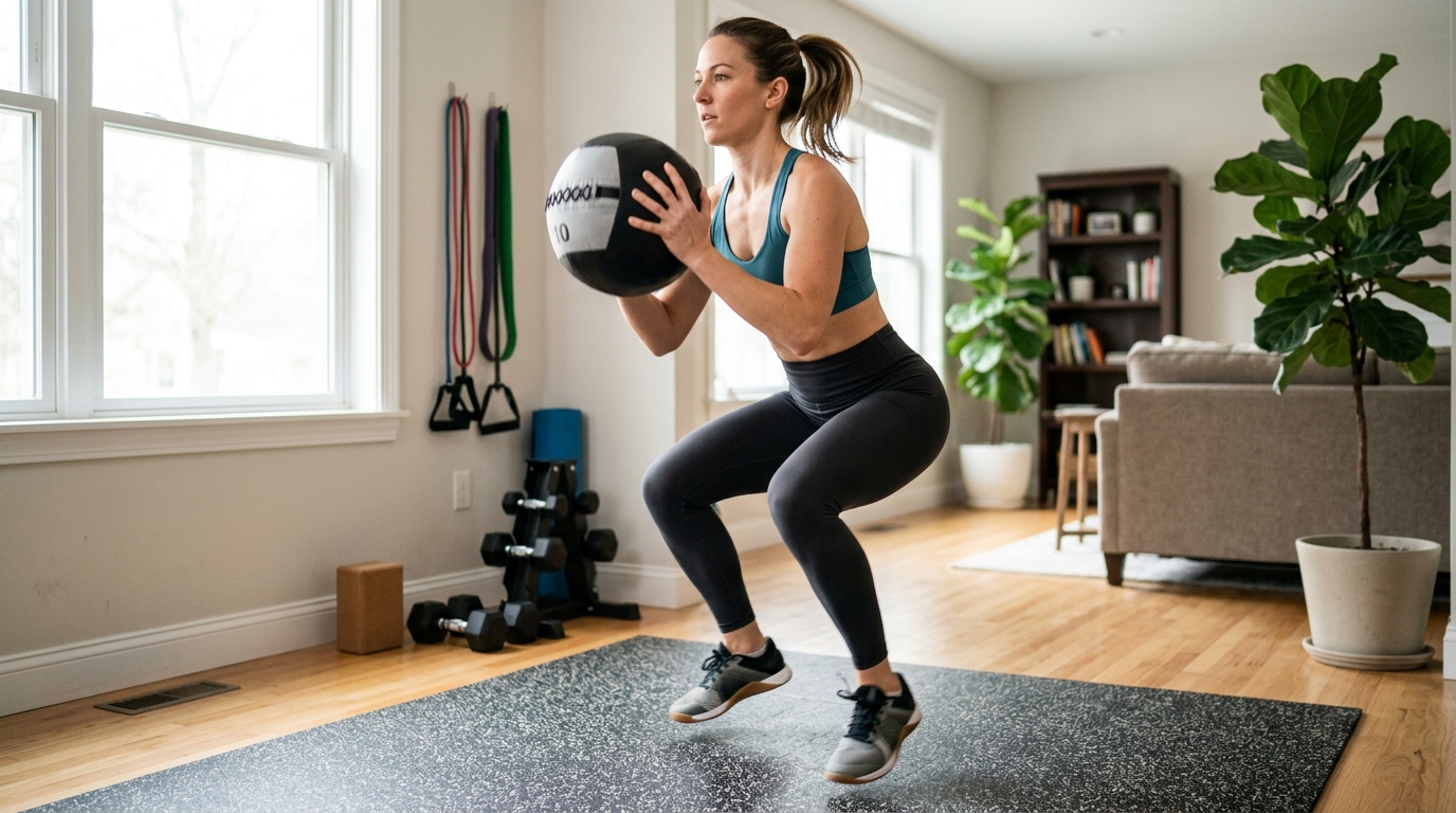 Woman doing squats and medicine ball jumping squats during a home glute workout circuit