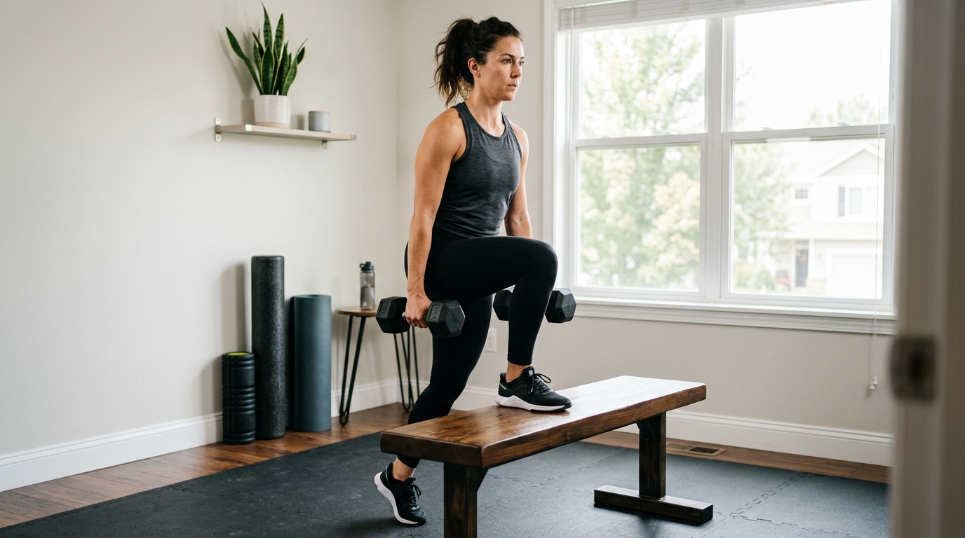 Woman doing step-ups with dumbbells during a home leg workout for lean legs.