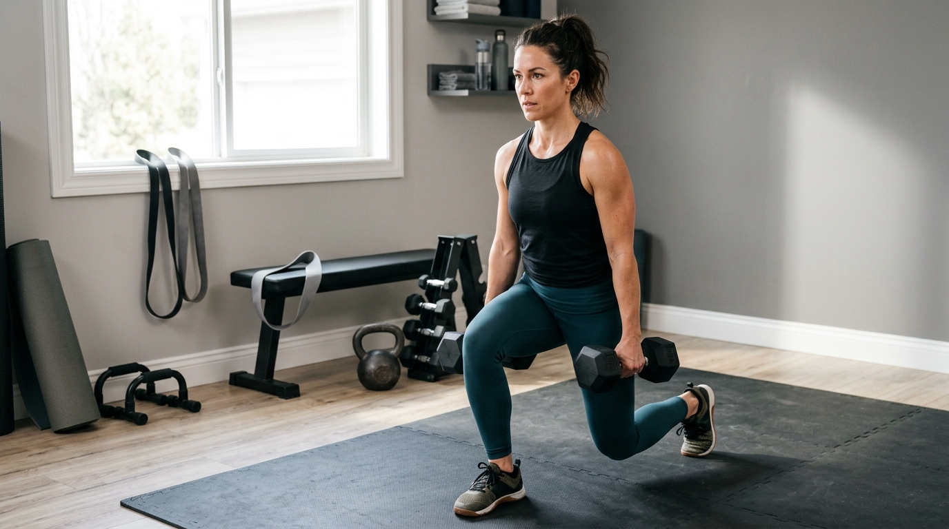 Woman doing a total-body strength workout at home with dumbbells and bodyweight exercises.