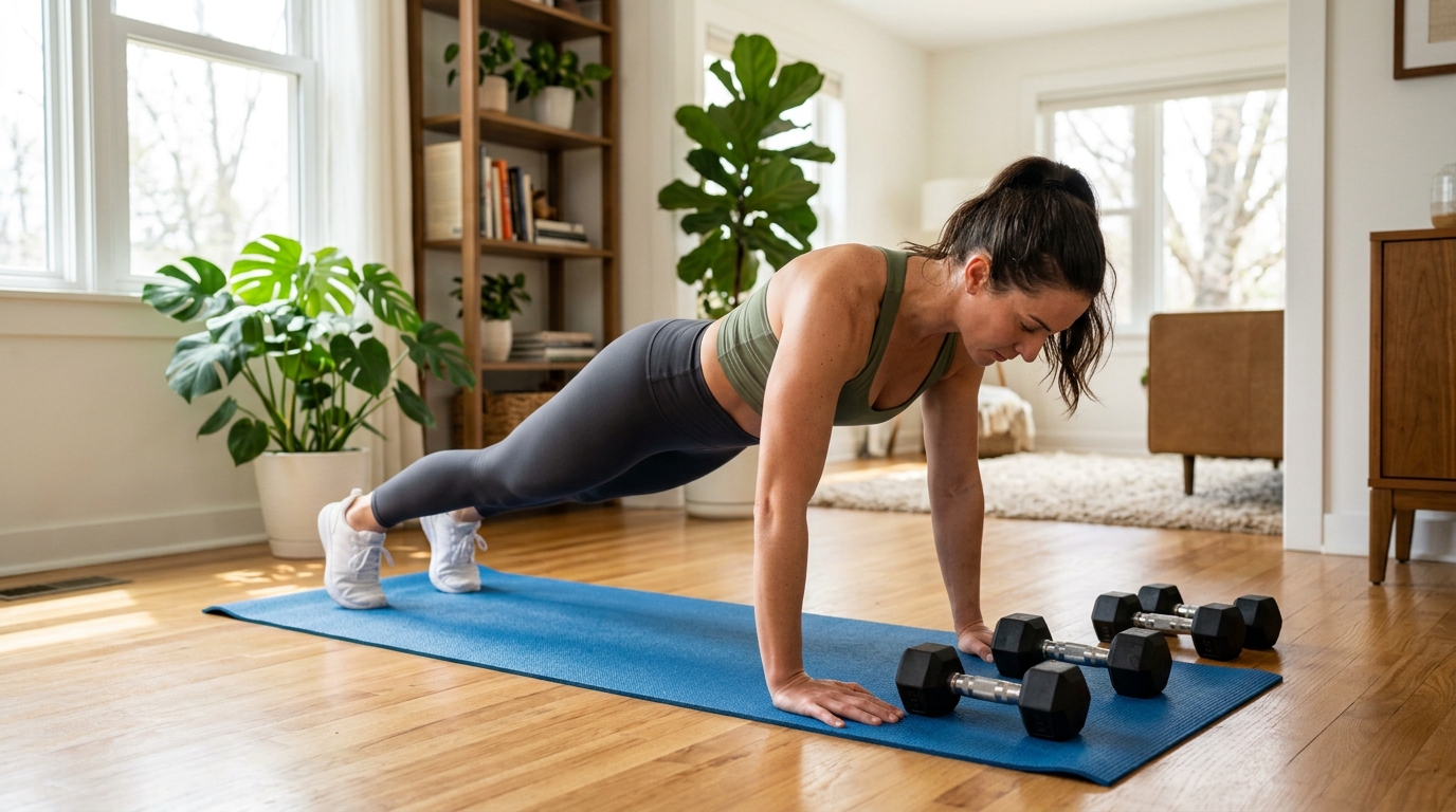 Woman doing push-ups and dumbbell curls during an upper body workout at home.