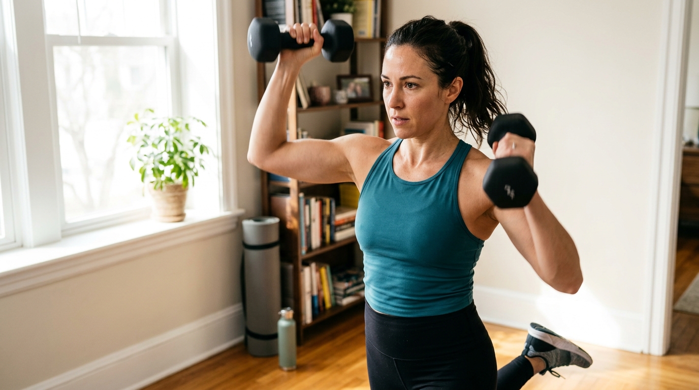 Woman doing a quick 10-minute upper body workout at home with dumbbells.