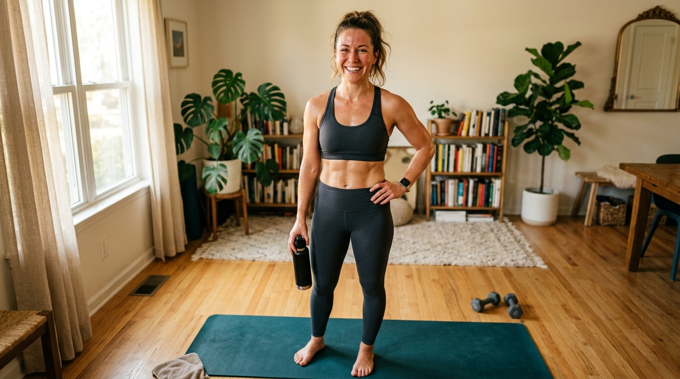 Woman standing confidently after finishing a home ab workout.