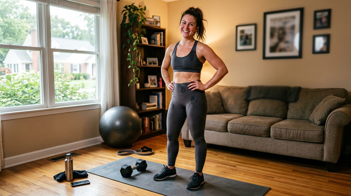 Woman standing confidently after finishing a home glute workout with simple equipment nearby.