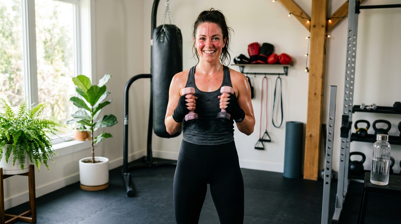 Woman finishing an at-home boxing workout and looking energized and confident