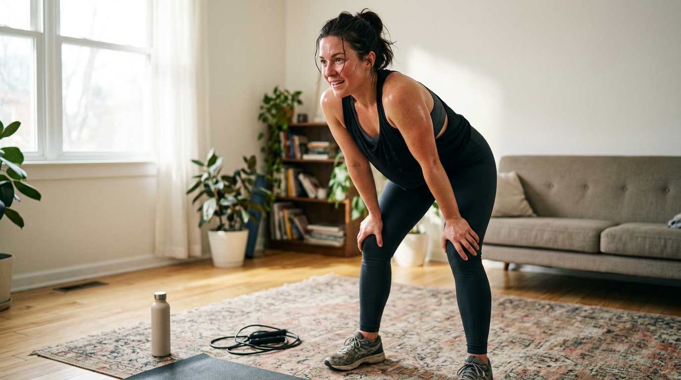 Woman finishing a high intensity home workout with bodyweight and cardio exercises.