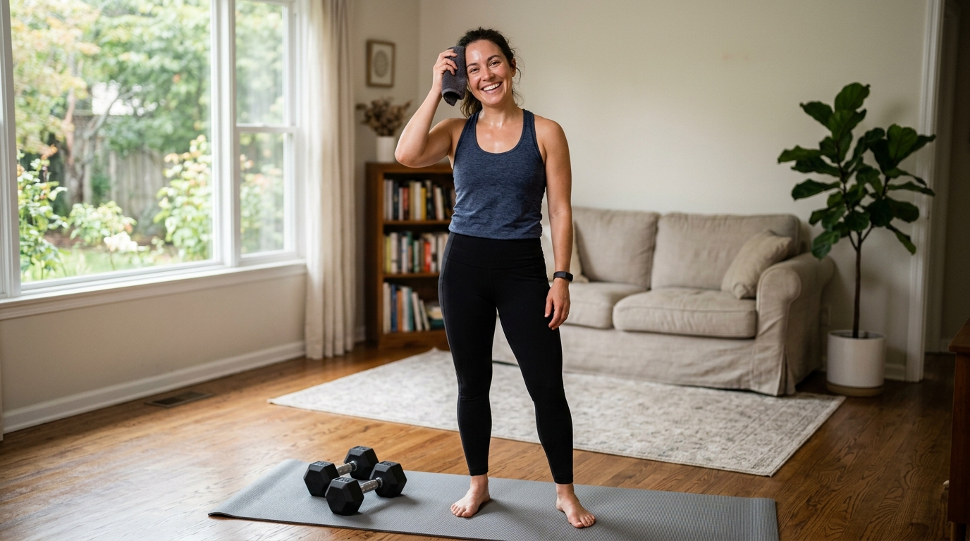 Woman finishing a short at-home workout with dumbbells and a mat nearby.