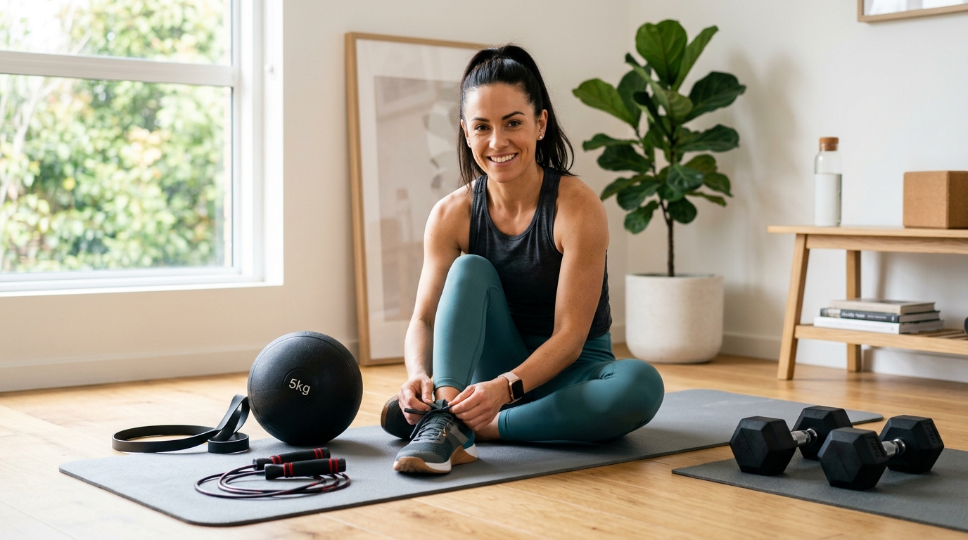 Woman preparing for a 15 minute home leg workout with a jump rope, band, dumbbells, and medicine ball.