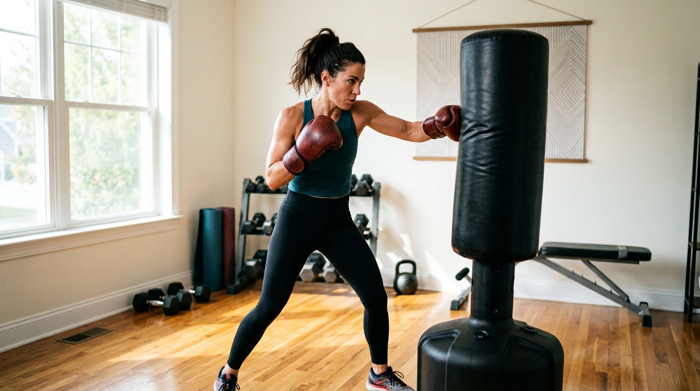 Woman doing a punching bag workout at home while wearing boxing gloves