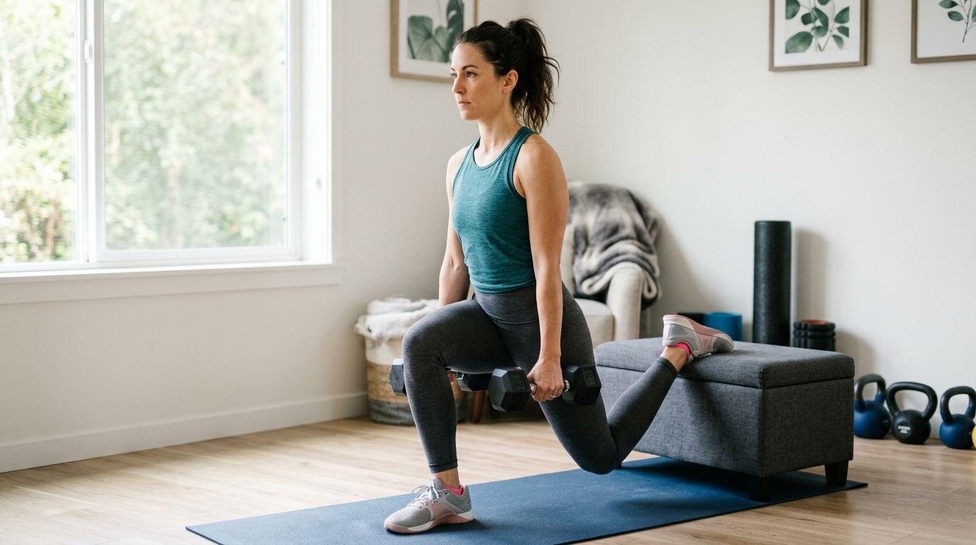 Fit woman performing a Bulgarian split squat at home to strengthen quads, glutes, and calves