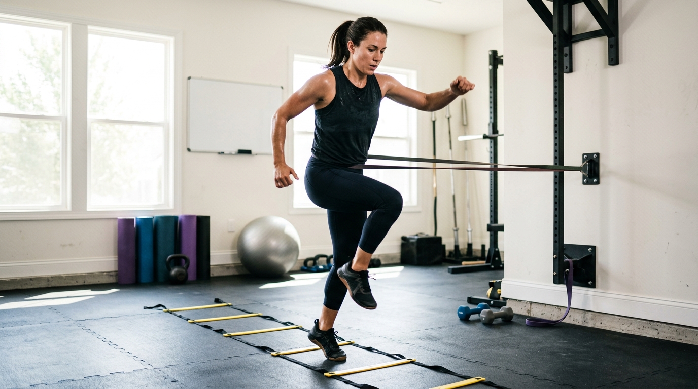 Woman performing HIIT cardio exercises at home including ladder drills, high knees, punching, and resistance band movement.