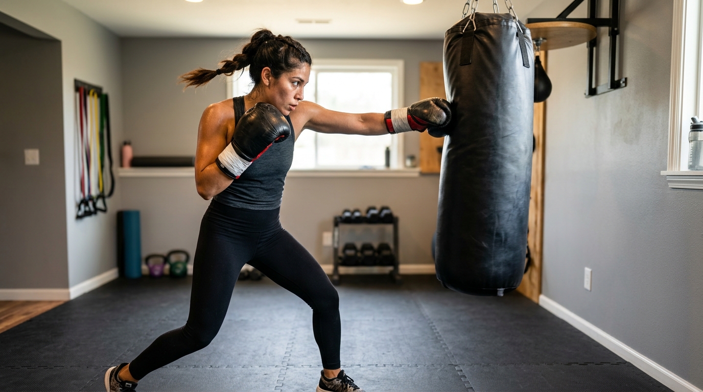 Woman practicing a beginner heavy bag boxing routine at home with proper stance and gloves