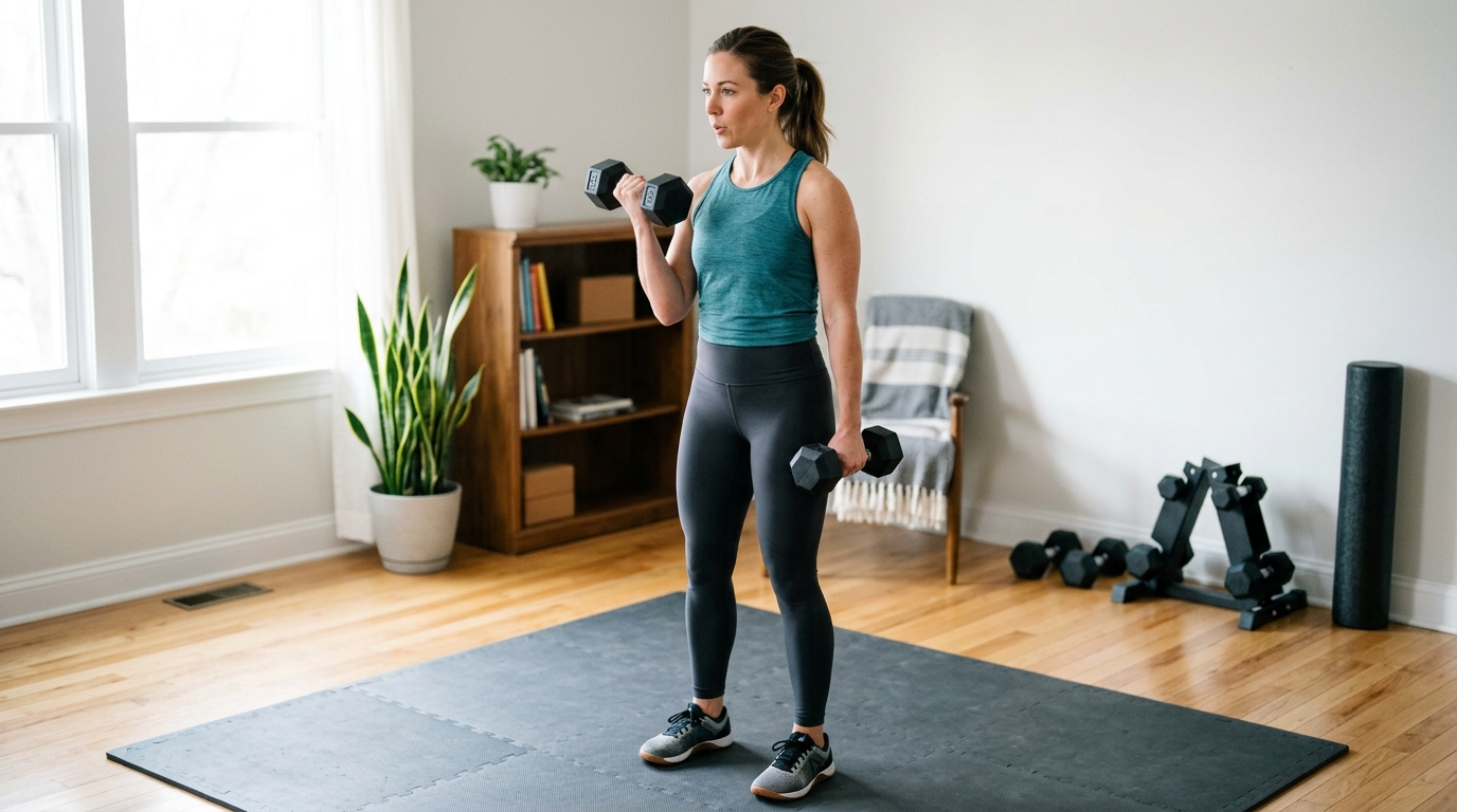 : Woman performing dumbbell arm exercises at home including curls and rows