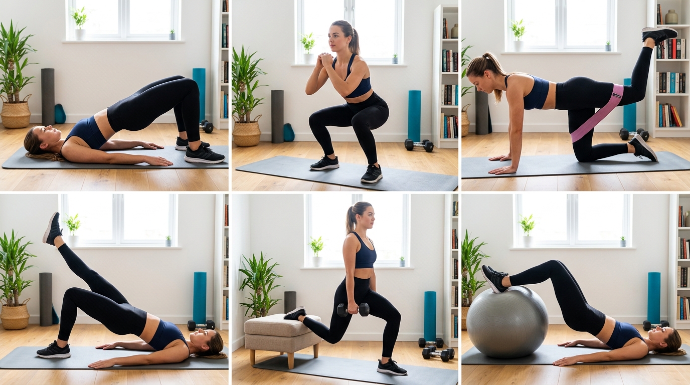 Woman performing multiple butt exercises at home including bridges, squats, and resistance band kickbacks.