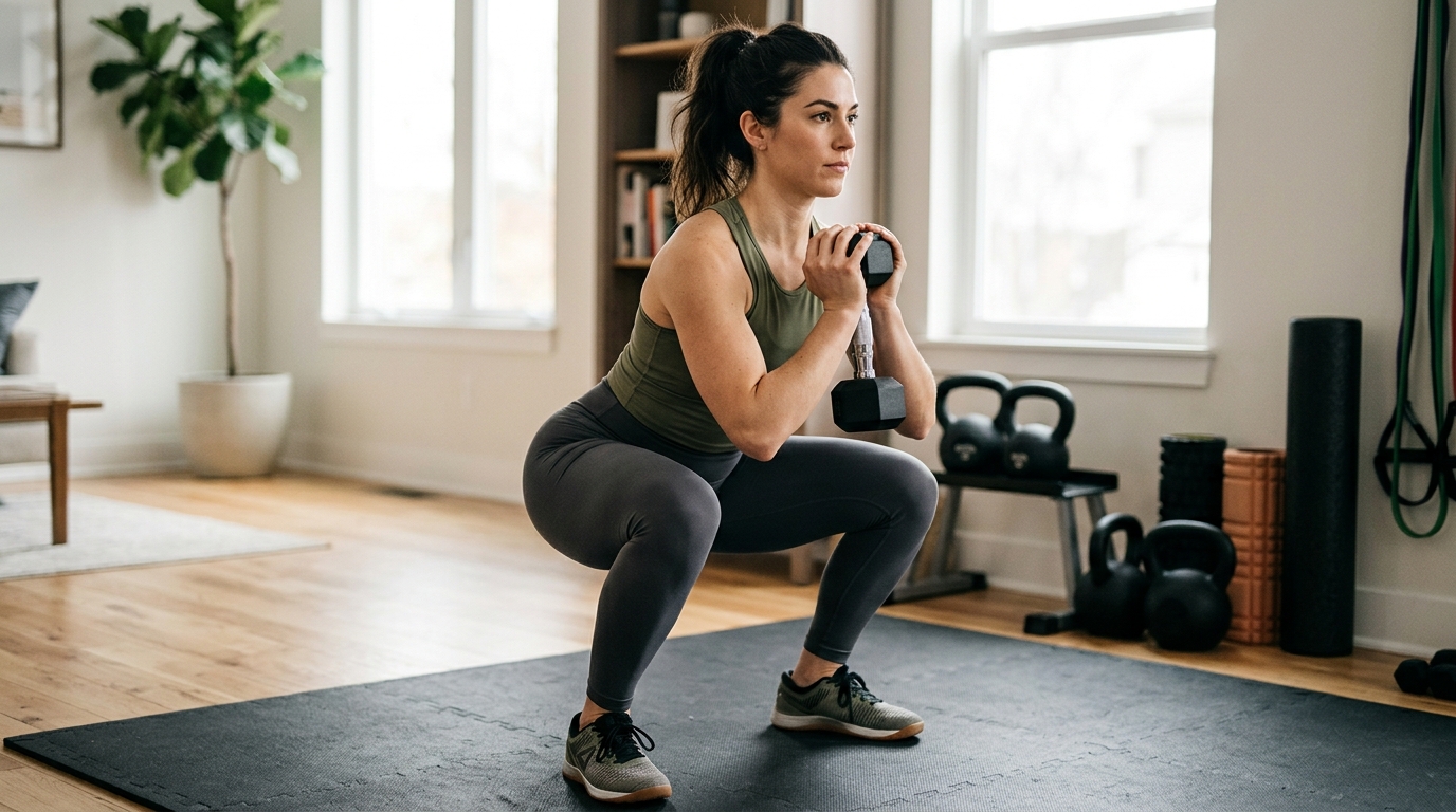 Fit woman performing a goblet squat with a dumbbell during a home leg workout.