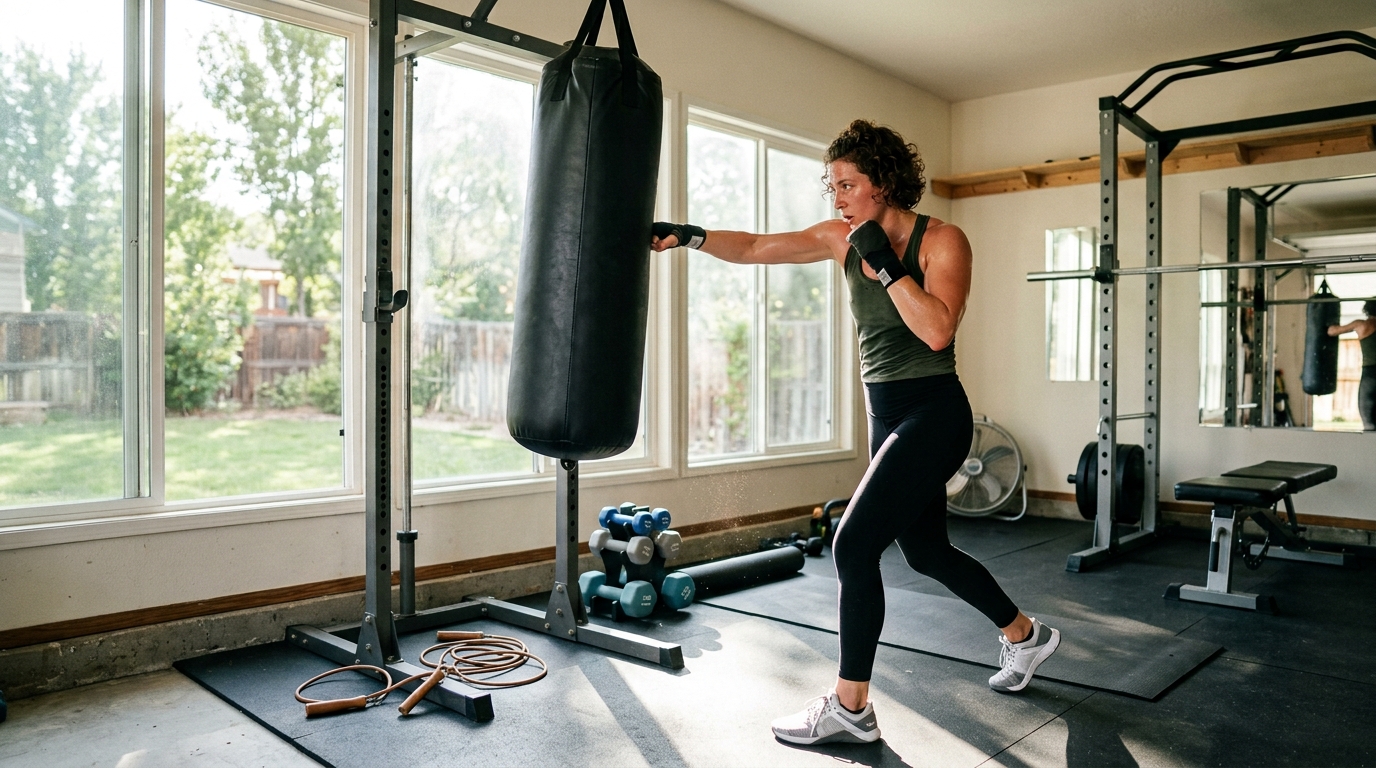Woman doing a cardio boxing and strength training workout with heavy bag and dumbbells.