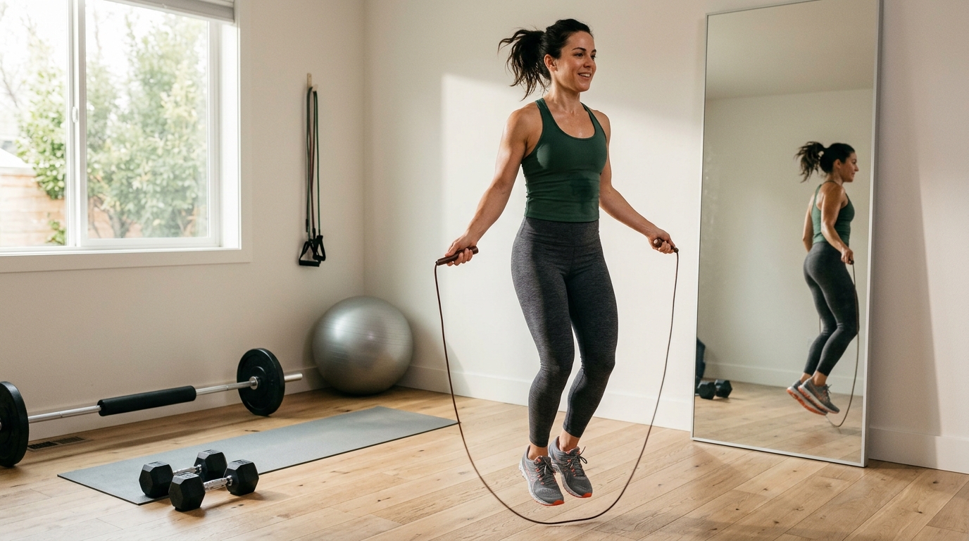 Woman doing glute circuit exercises at home including dumbbell squats, bridges, and jump rope