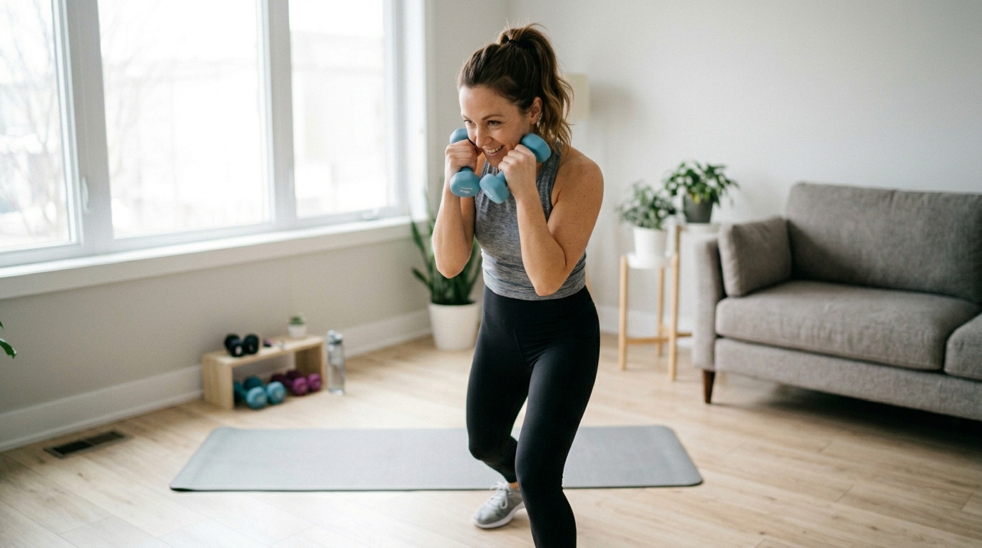 Woman practicing beginner boxing punch combinations at home for cardio fitness