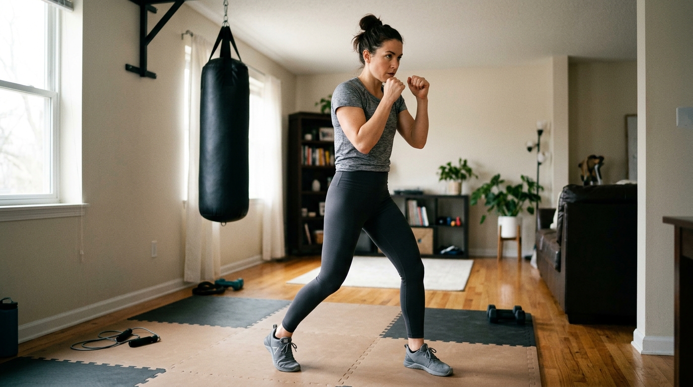 Woman practicing proper boxing stance and footwork near a heavy bag at home.