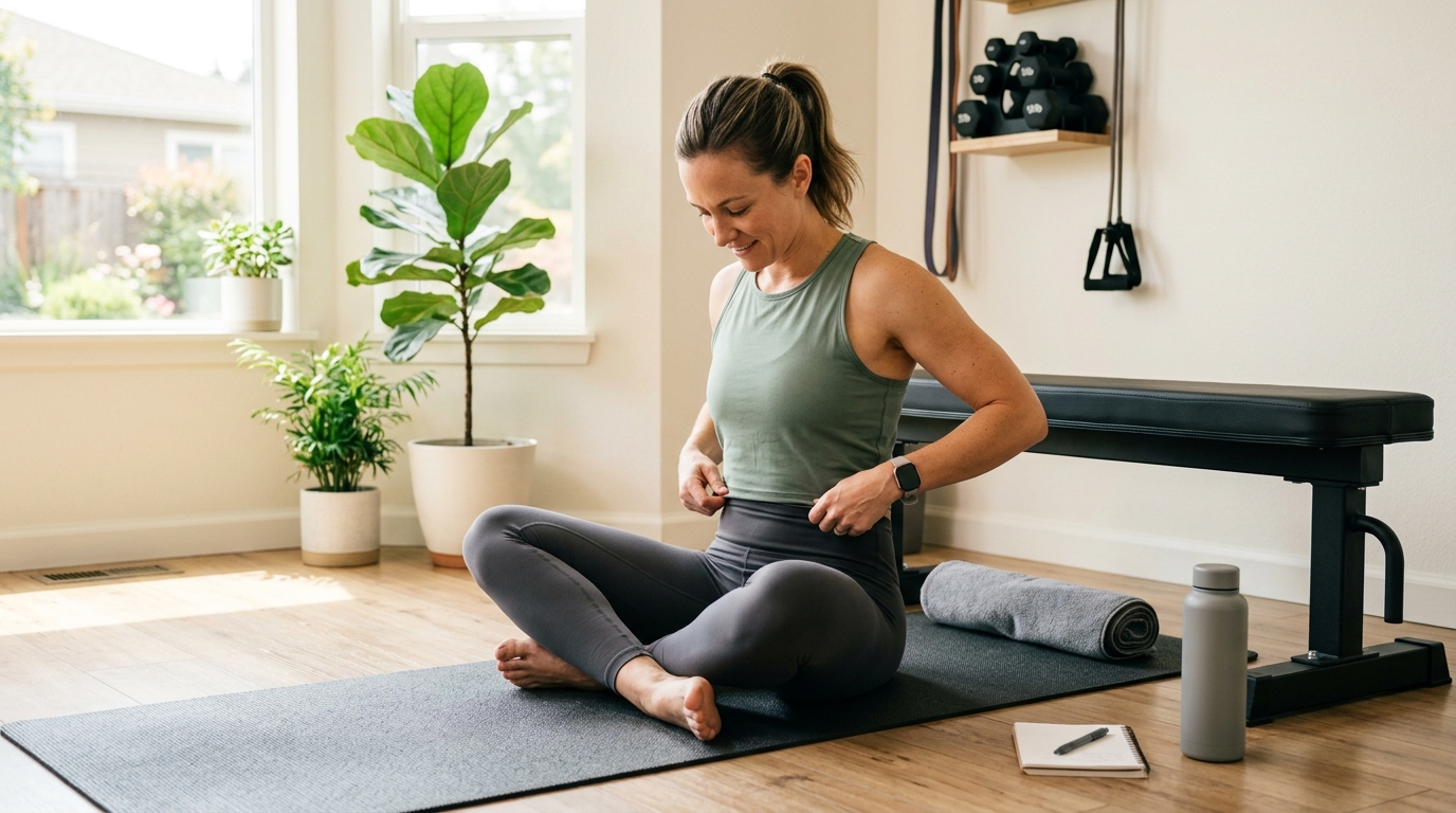 Woman preparing for an ab workout at home using a sturdy bench.