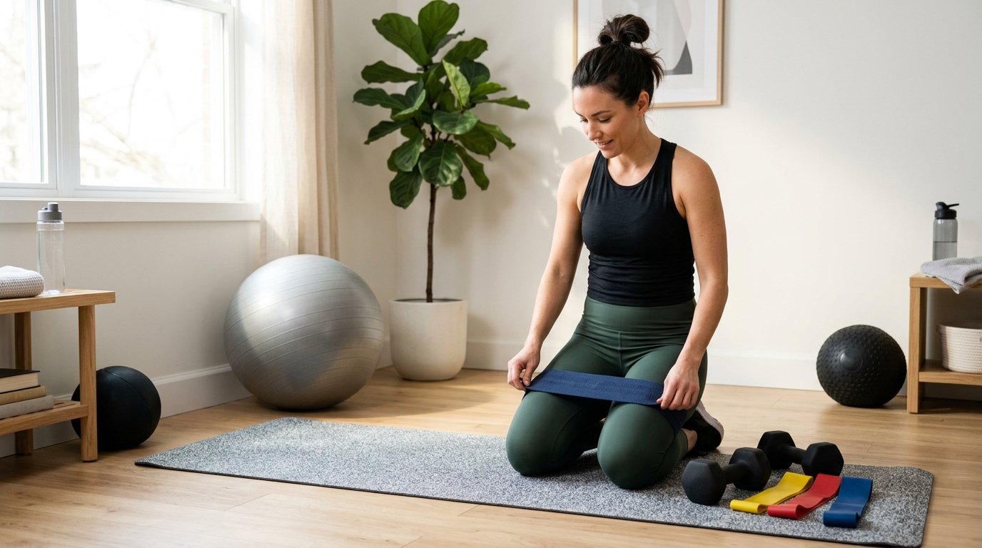 Woman preparing for a home butt workout with resistance bands, dumbbells, a mat, and a fitness ball.