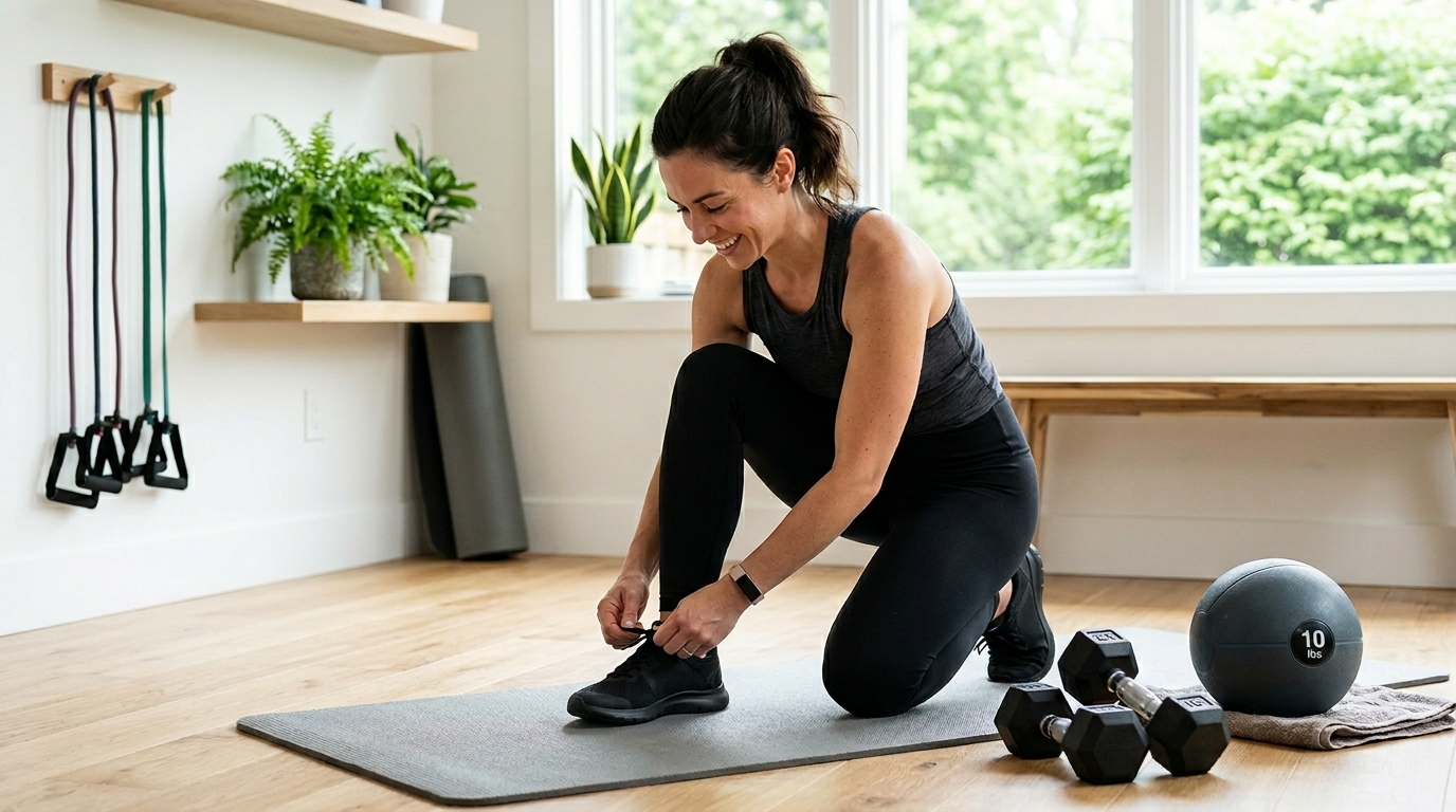Woman preparing for a home leg workout with dumbbells and a medicine ball in a bright room