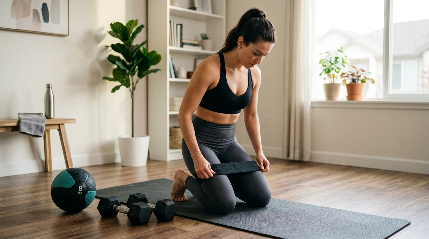 Woman preparing for a home leg workout with dumbbells, a resistance band, and a medicine ball nearby