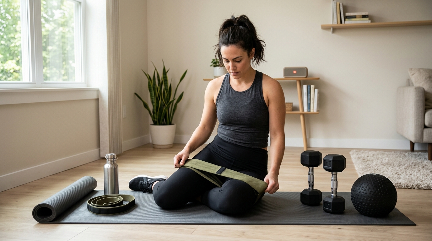 Woman preparing for a home leg workout with a mat, fitness band, dumbbells, and slam ball.