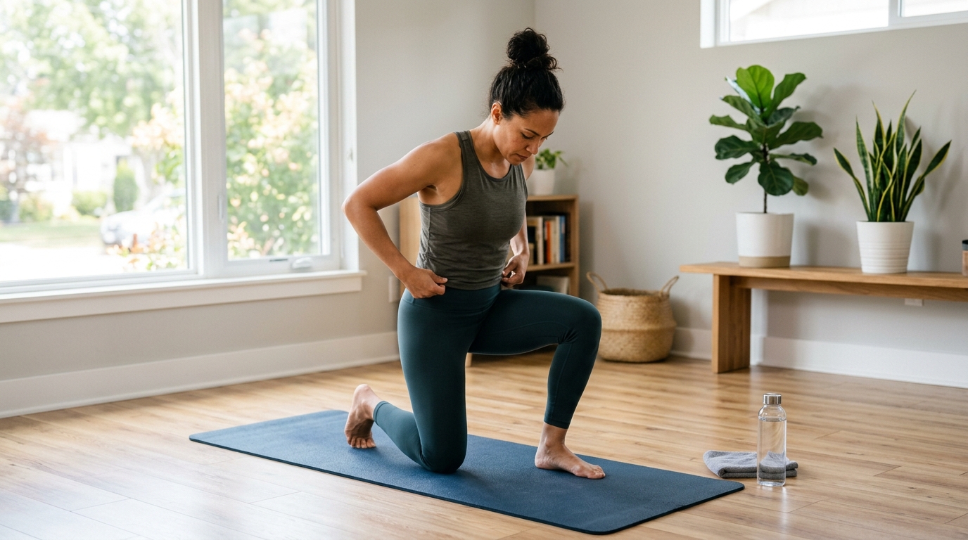 Woman doing an at-home body weight workout with no equipment in a bright indoor space.