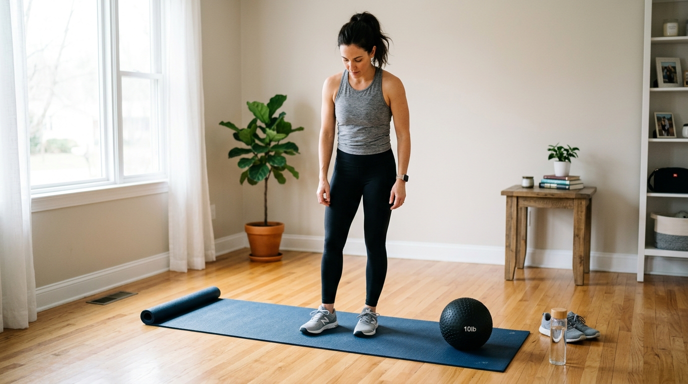 : Create a realistic 16:9 home fitness photo showing a simple at-home leg workout setup. Include a workout mat, a medicine ball or slam ball, trainers, and a clean living room or home gym space. Show a fit adult woman preparing for a short lower-body workout. Natural light, clean background, no text, no logos, realistic body proportions.