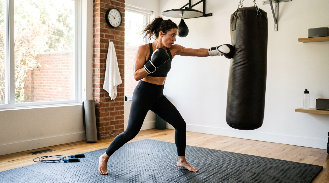 : Woman doing a 15-minute punching bag workout at home with boxing gloves and jump rope nearby.