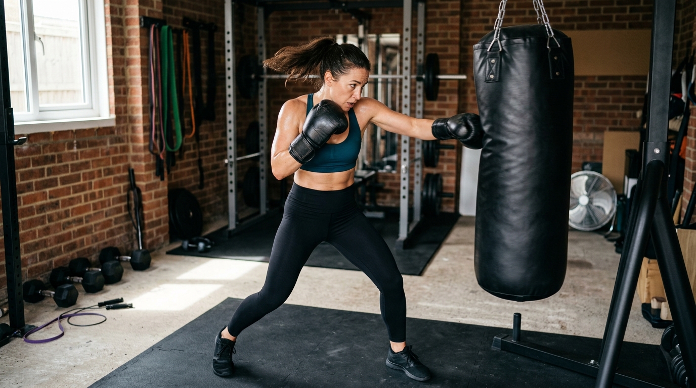 Woman practicing jabs, crosses, hooks, and uppercuts on a heavy bag at home.