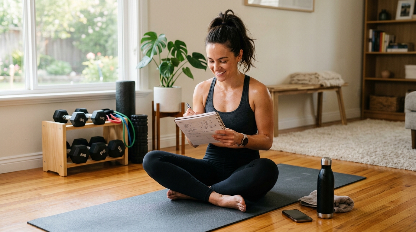 Woman reviewing her home workout progress after a boot camp session in a bright home workout space