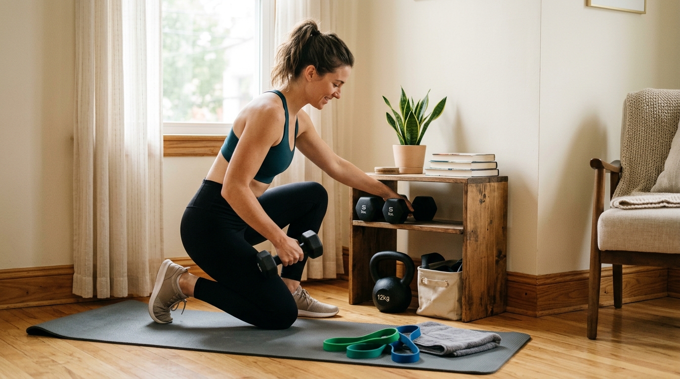 Woman setting up a small home workout space with dumbbells, resistance bands, a mat, and a kettlebell.