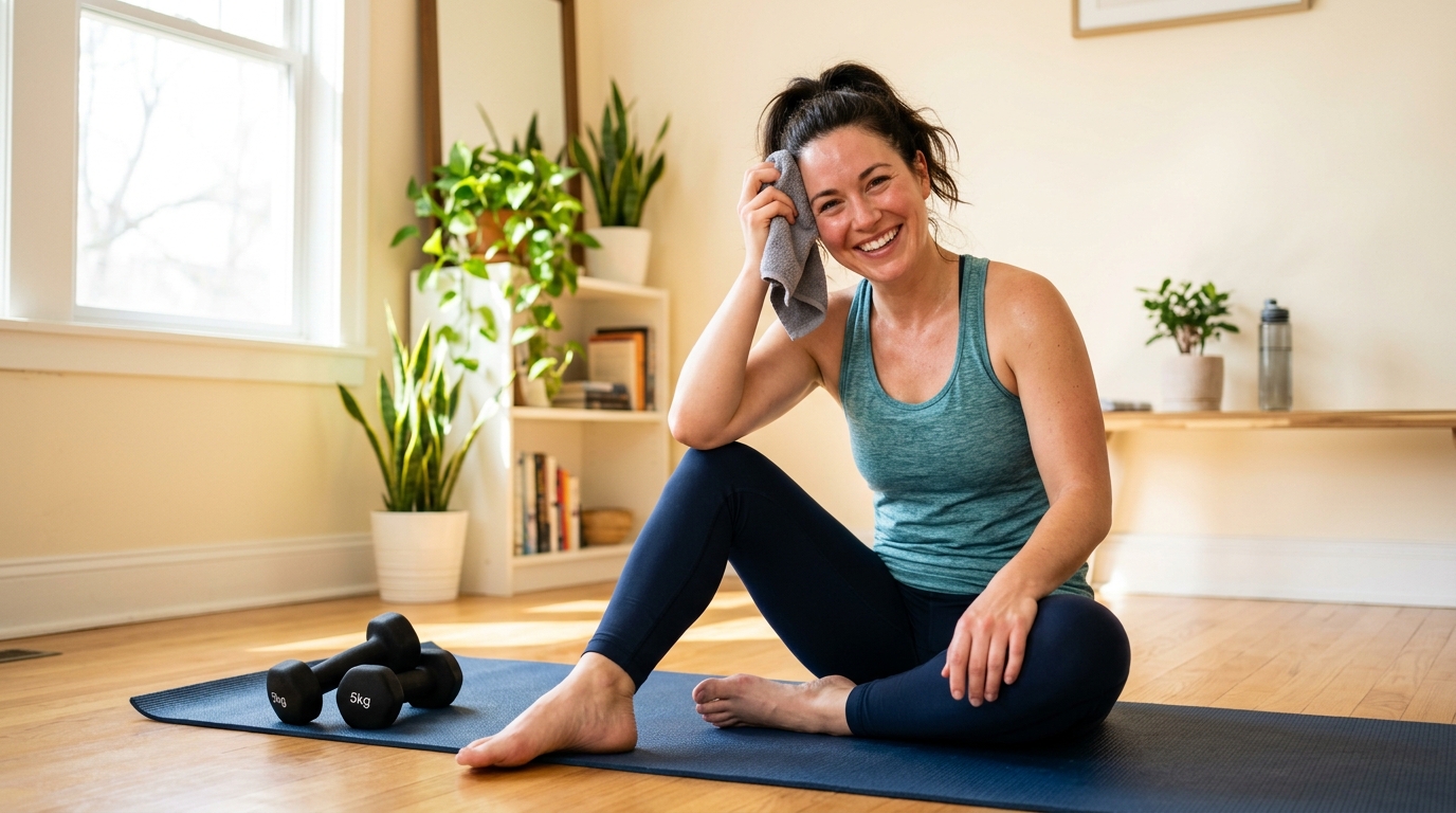 Woman smiling after completing a short home workout in a bright home fitness space.