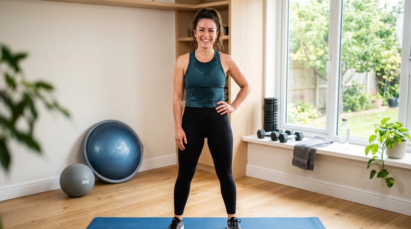 Woman standing confidently after finishing a home leg workout circuit.