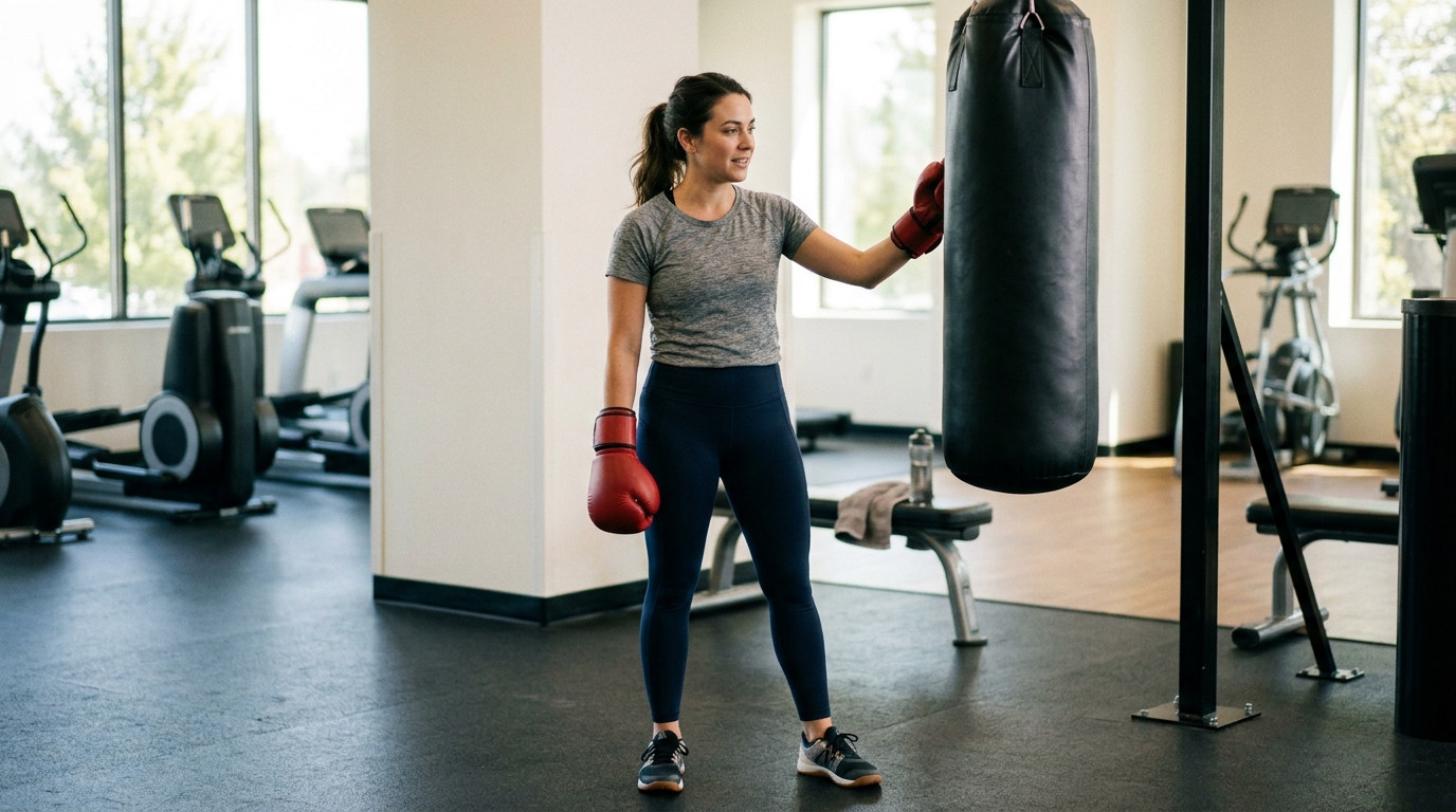 : Woman standing beside a heavy bag with boxing gloves for a beginner-friendly boxing workout FAQ.