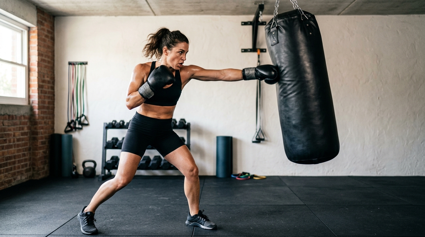 Woman using boxing as a HIIT workout at home with a punching bag