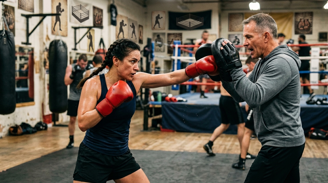 Forty-year-old woman practicing a basic punch combination during her first boxing training sessions.